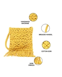ASTRID  Yellow Macrame  Boho Chic Crossbody Sling Bag FOR Women  - Free Size, Yellow, Canvas, Pack of1